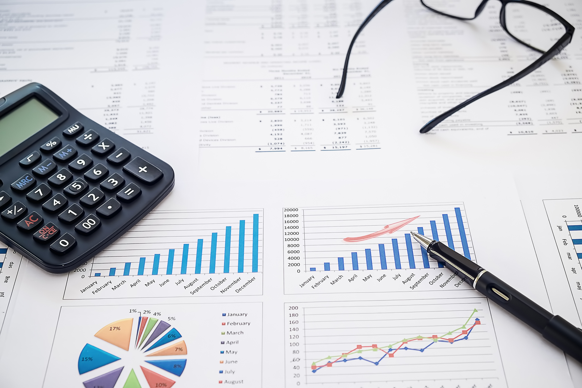 Calculator and Pen Glasses and with Business Report 